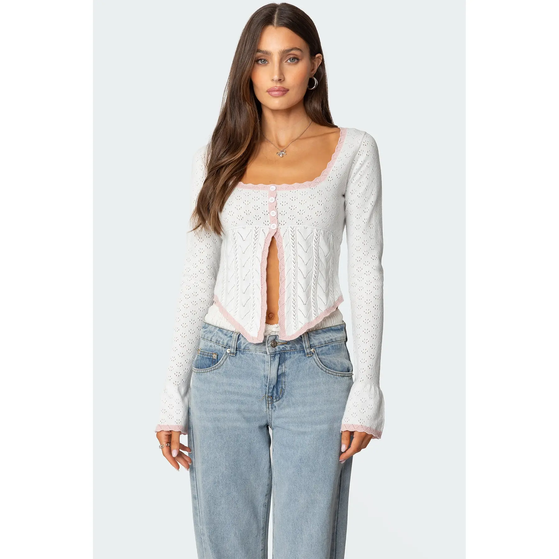 Abbie Split Front Pointelle Top