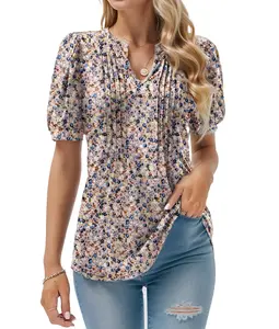 ZEAGOO  Womens V Neck T Shirts Puff Short Sleeve Floral Pleated Tops Fashion Summer Casual Tunic Blouse Shortsleeve Womenswear Vneck