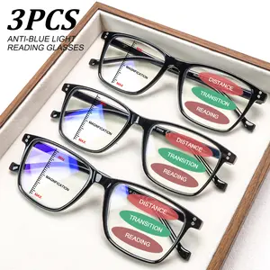 3-Pack Black Progressive Multifocal Blue Light Blocking Reading Glasses Unisex design,  Features spring hinges and premium blue light blocking lenses. Offers three levels of vision adjustment for lasting comfort.Ideal for daily commutes and computer work.