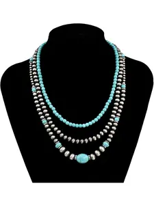 3pcs Vintage CCB Antique Lacquer Plated Beads Necklaces Beaded Choker for Women, Synthetic Turquoise Jewelry Set, Elegant Western Style Modern Versatile Accessories, Exquisite Jewelry Gift