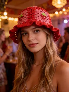 Women's Handmade Crochet Fisherman Hat, Strawberry or Cherry Pattern, Bohemian Hollow Out Ruffle Design, Cute Knitted Hip-Hop Cap, Handcrafted Cap