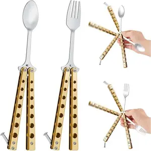 Flutesan 2 Pcs Butterfly Fork and Spoon Set, Folding Stainless Steel Fork Tactical Butterfly Spoon for Travel BBQ Kitchen Camping Hunting(Gold)