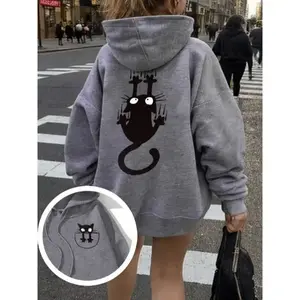 R11 Fashionable girl Stylish Grey Hoodie with Adorable Cat Graphic Print, Women's Casual Winter Pullover, Medium Elasticity, Hand Wash or Dry Clean, Perfect for Casual Attire, Cozy Hoodie | Hooded Sweatshirt | Comfortable Fit, Swe