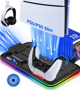 PS5 / PS5 Slim Stand and Cooling Station with RGB LED Controller Charging Station for PlayStation 5 Console, PS5 Controller Charger, PS5 / PS5 Slim Accessories with 3 Level Cooling Fan