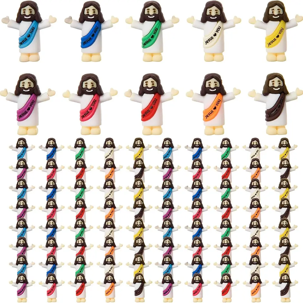 Bulk Religious Rubber Mini Jesus Figurines (30-200PCS) - Colorful Sash Religious Home Decor, Christian Sunday School Party Favors