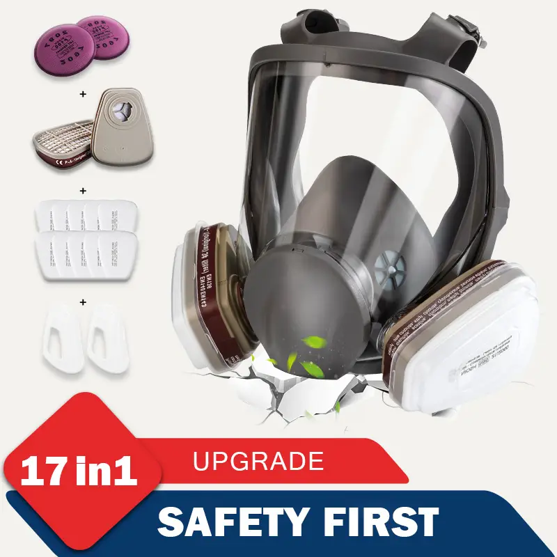 Safety First Reusable Respirators Pomerol 17-in-1 Full Face Gas Mask with Dual Filter Cartridge Anti-Dust Anti-Virus Anti-Toxic Protection Ergonomic D