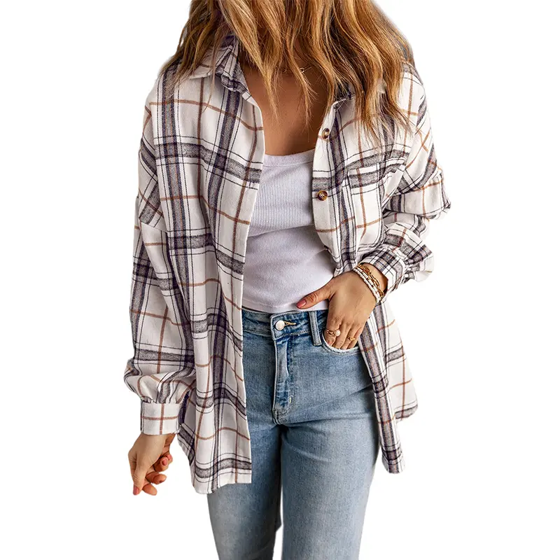 Asvivid 2026 Fall Clothes For Women Oversized Plaid Shacket Long Sleeve Button Down Shirt Jacket with Pockets Cozy Spring Fashion Work Tops with Slits Blouse sohochic