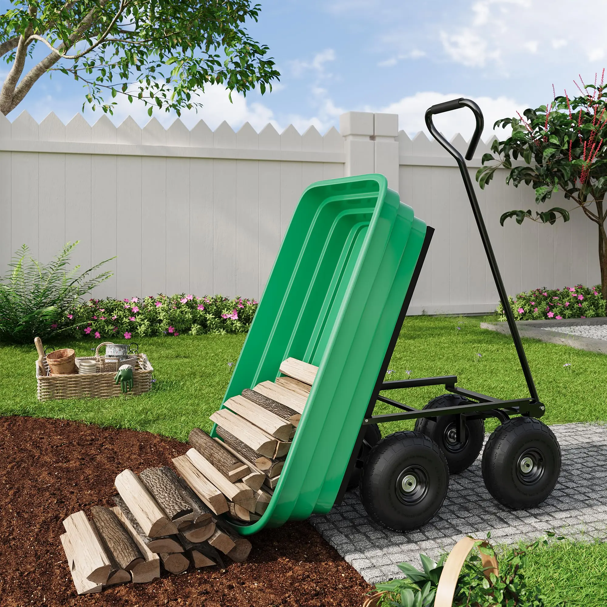 Garvee Heavy Duty Garden Dump Cart with 1200 lb Load Capacity, 6 Cu.Ft. Poly Yard Wagon, 4 All-Terrain Wheels, 180° Adjustable Handle, and Quick-Release Tipping in Green and Black
