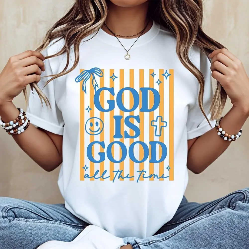 God Is Good All The Time Striped Smile Cross Print, Neck Drop Shoulder T-Shirt, Christian Faith Religious Theme, Church Worship Daily Casual