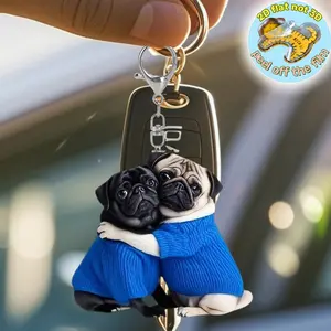 Hugging Pug Each Other Pendant Keychain,Puppy 2D Flat Acrylic Ornament Charm,Hanging Decoration for Car,Bags,Festive,Party,Gift