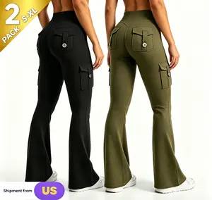 2PCS  Women High Waist Flared Yoga Pants With Hidden Ruched Detail & Side Pockets, Seamless Front Sports Cargo Leggings, Stretch Fitness Workout Casual Sports Trousers