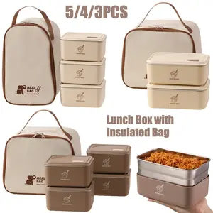 5Pcs/4Pcs/3Pcs Multifunctional Food Storage Containers, Bento Box Adult Lunch Box, 304 Stainless Steel Lunch box with Insulation Bag, Leakproof Insulated Lunchbox, Ideal for Work Picnic Travel, Office & Outdoor