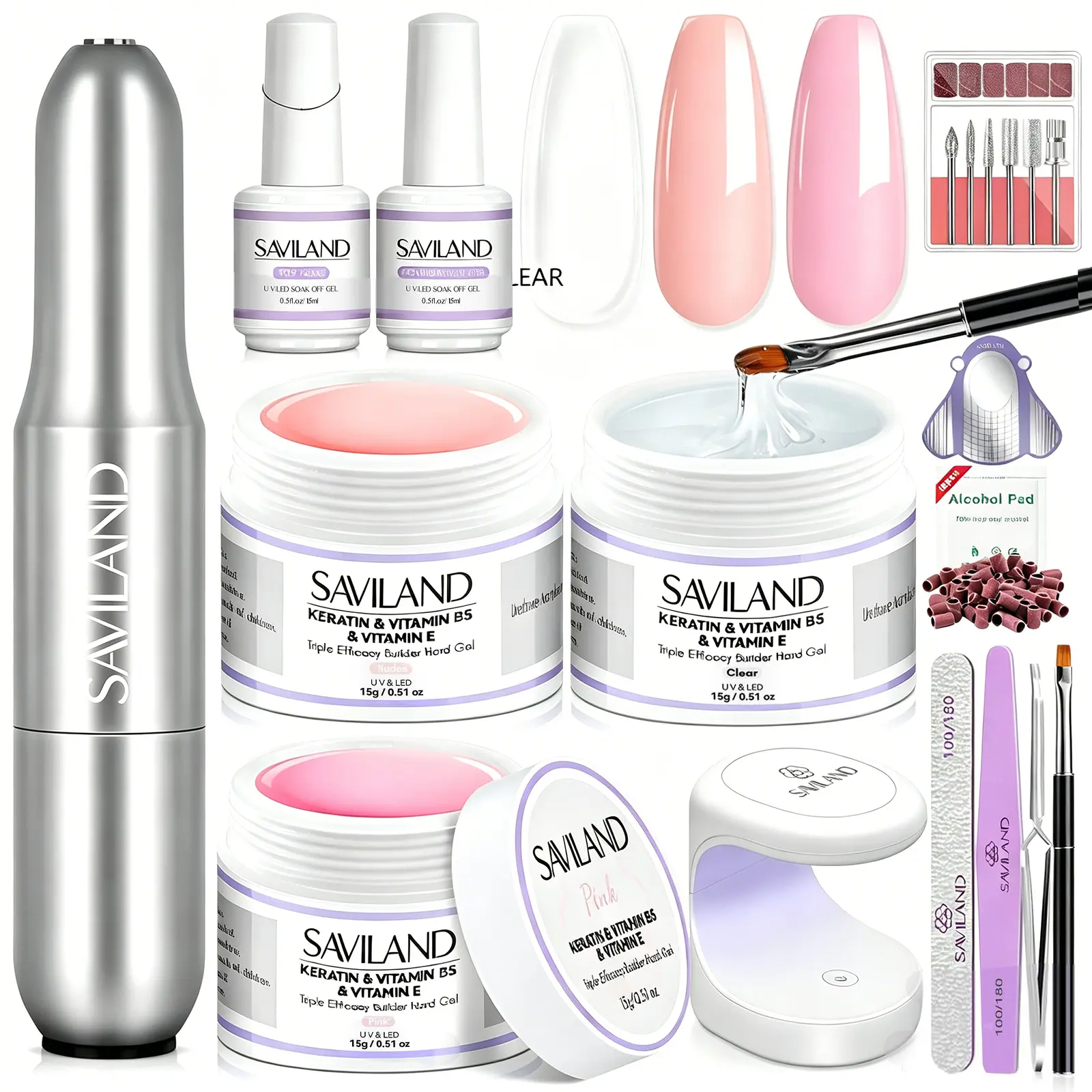 SAVILAND Builder Gel Set: 3 Pcs Hard Gel in Clear & Pink Nudes UV Lamp Nail Brush & Strengthener Gel Perfect for DIY Nail Extensions & Shaping summervibes