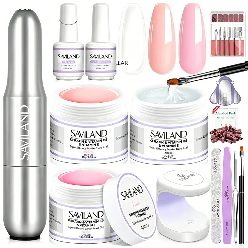 SAVILAND Builder Gel Set: 3 Pcs Hard Gel in Clear & Pink Nudes UV Lamp Nail Brush & Strengthener Gel Perfect for DIY Nail Extensions & Shaping summervibes