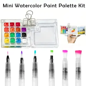 All-in-One Travel Watercolor Palette Kit Painting Set - 9pcs Mini Clear Acrylic Magnetic Box (8/15 Grid Choices) with 6 Brushes, Clip & Sketchbook for Pocket Artists Travel Painting Supplies
