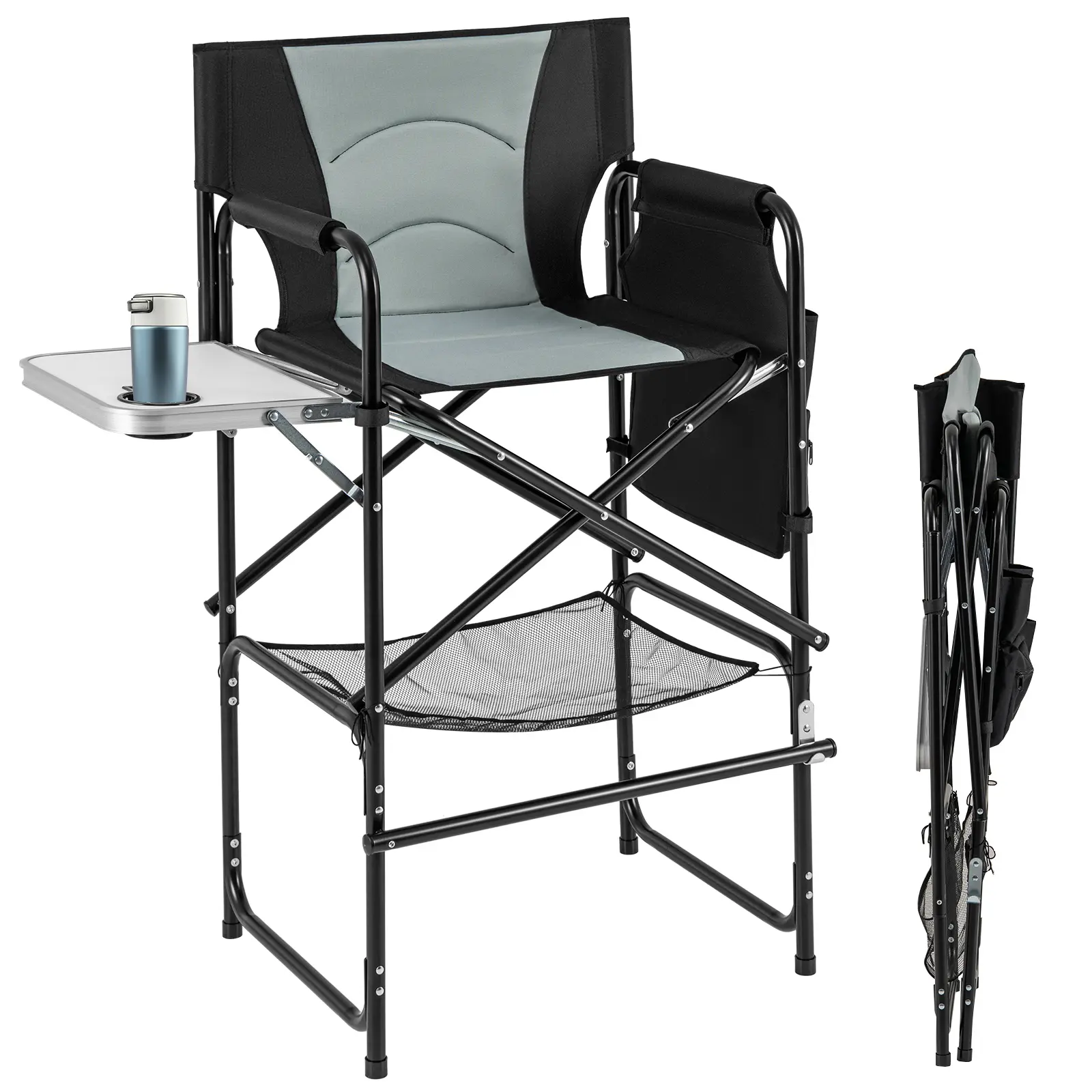 COSTWAY - 46 Inches Tall Directors Chair with Foldable Side Table and Footrest-Gray