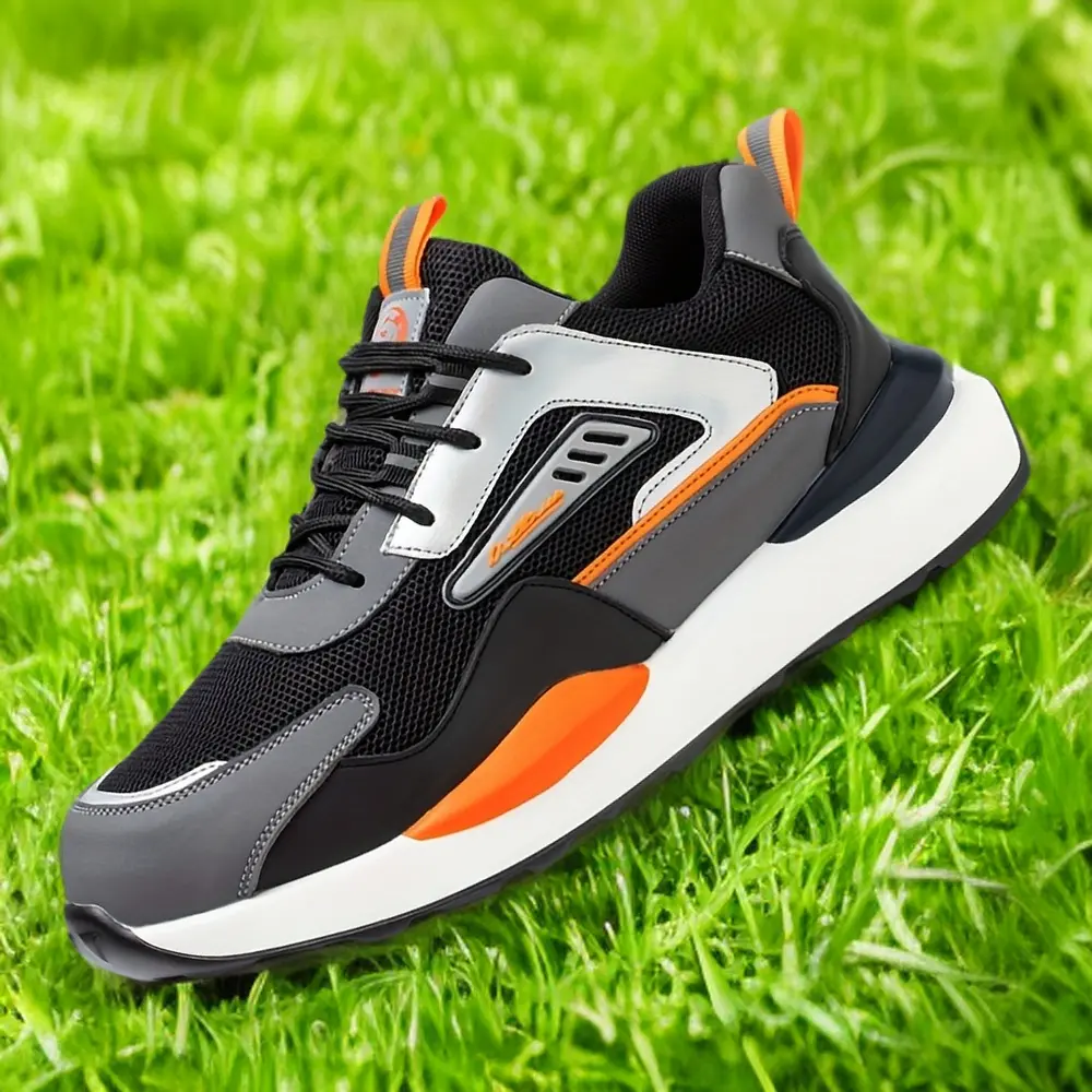 Men's Fashion Color Block Steel Toe Anti-Puncture Safety Shoes, Comfortable Non-Lace-Up Wear-Resistant Work Shoes, Men's Footwear