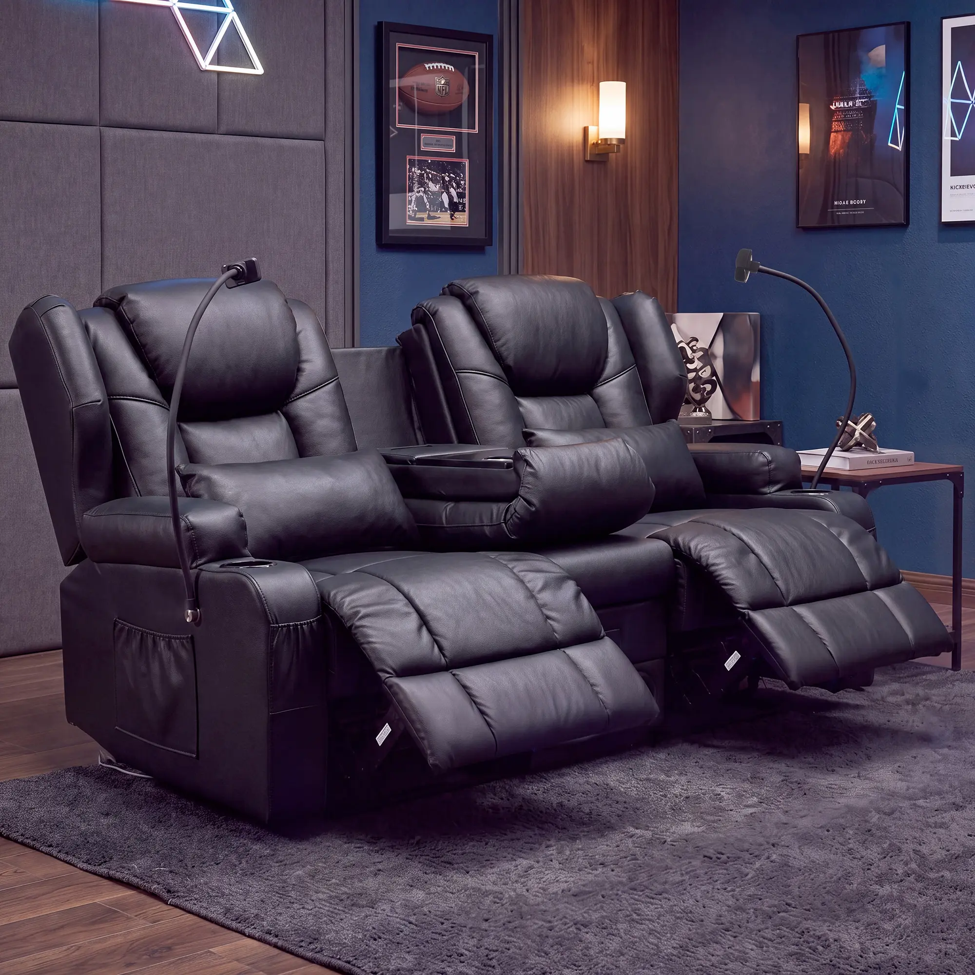 Black PU Leather Modern Manual Wall Hugger Loveseat Recliner Chair - Indoor Living Room Furniture with Fixed Arms, Massage, Heat, Bluetooth Speakers, Cup Holders for RV, Home Theater Seating