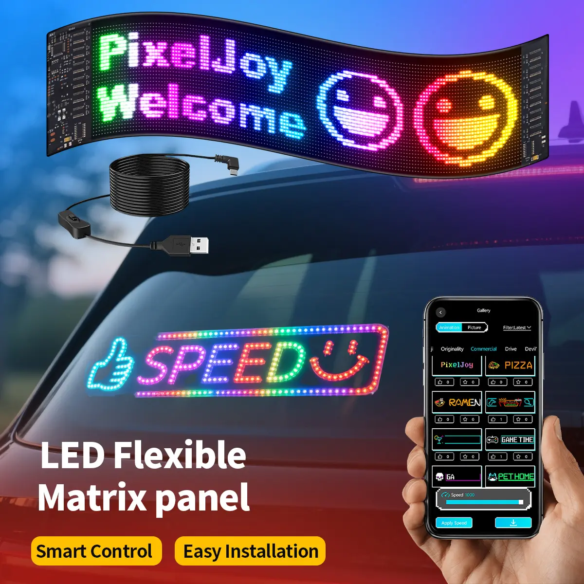 DAYBETTER Flexible LED Car Sign USB 5V Bluetooth Matrix Panel DIY Programmable Scrolling Light for Car Party Wedding Festival Smart APP Control Customized Function Brilliant Colorful Lighting,light summerwins