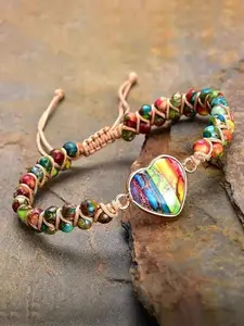 Boho Style Colorful Natural Stone Heart Beaded Bracelet, Adjustable Beaded Design, Adjustable Unisex Jewelry, Casual Daily Wear, Couple Gift, Fashion Accessory