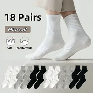 H 6-42 Pairs of Pure Cotton Mid-Calf Socks for Men and Women, Comfortable and Breathable