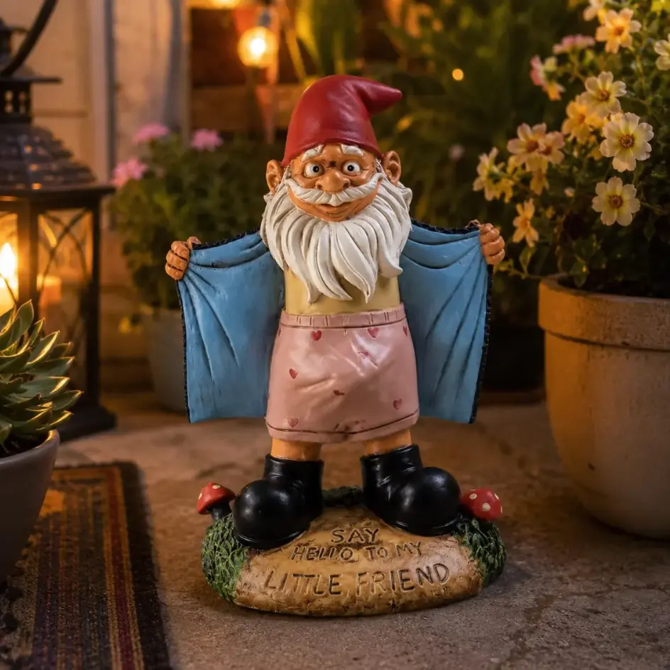 Funny Flasher Garden Gnome Statue - Naughty Dwarf in Pink Heart Boxers with "Say Hello To My Little Friend" Slogan, Outdoor Yd Patio Decor, Cheeky Ornament for Doorstep Gift, Home Improvement Garden Supply
