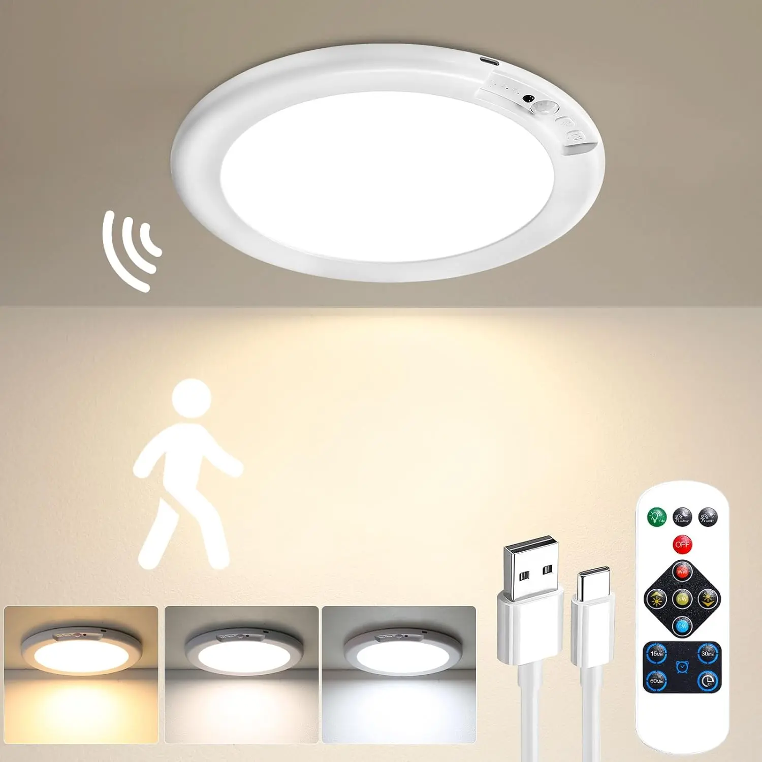 1/2/4Pack Wirless Motion Sensor Ceiling Light with Remote, Wireless Ceiling Light Battery Operated, No Wiring, Magnetic, Dimmable Shower Light, Timer, 3 Color 6000K, RGB 12 Color，Rechargeable Light for Closet Hallway outdoorfun outdoorfun