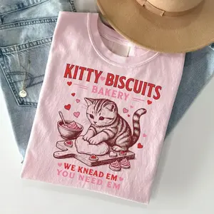 Valentines Cat Shirt, Kitty Biscuits Bakery Tshirt, Funny Vday Cat Lover Tee, Cute Kitten Baking Cookies Love Girlfriend Gift