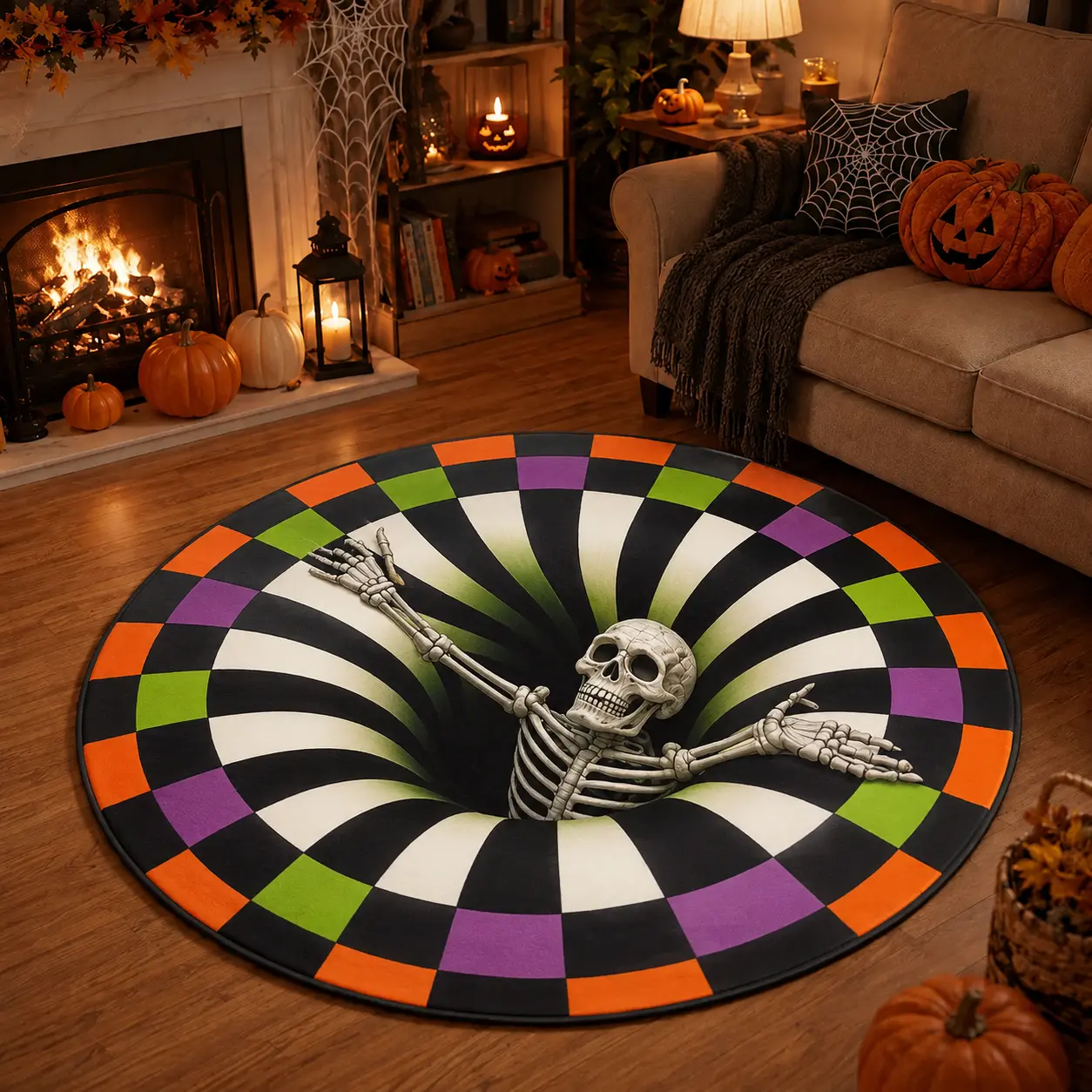 3D Skeleton Halloween Rug, Round Spooky Area Rug, Optical Illusion Floor Mat, Creepy Haunted House Decor, Gift For Friends