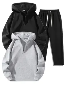 Men's Solid Half Zip Hoodie & Pants Set, Casual Regular Fit Long Sleeve Hooded Sweatshirt & Straight Leg Pants, Men's Fall & Winter Clothes