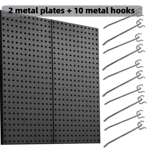 2 Metal Pegboard Panels with 10 Metal Hooks, Peg Board Wall Organizers for Garage Tool Storage, Suitable for Home & Dormitory Wall-Mounted Multifunctional Organizing of Hardware, Kitchen & Bathroom Items, Pegboard Wall Organizers