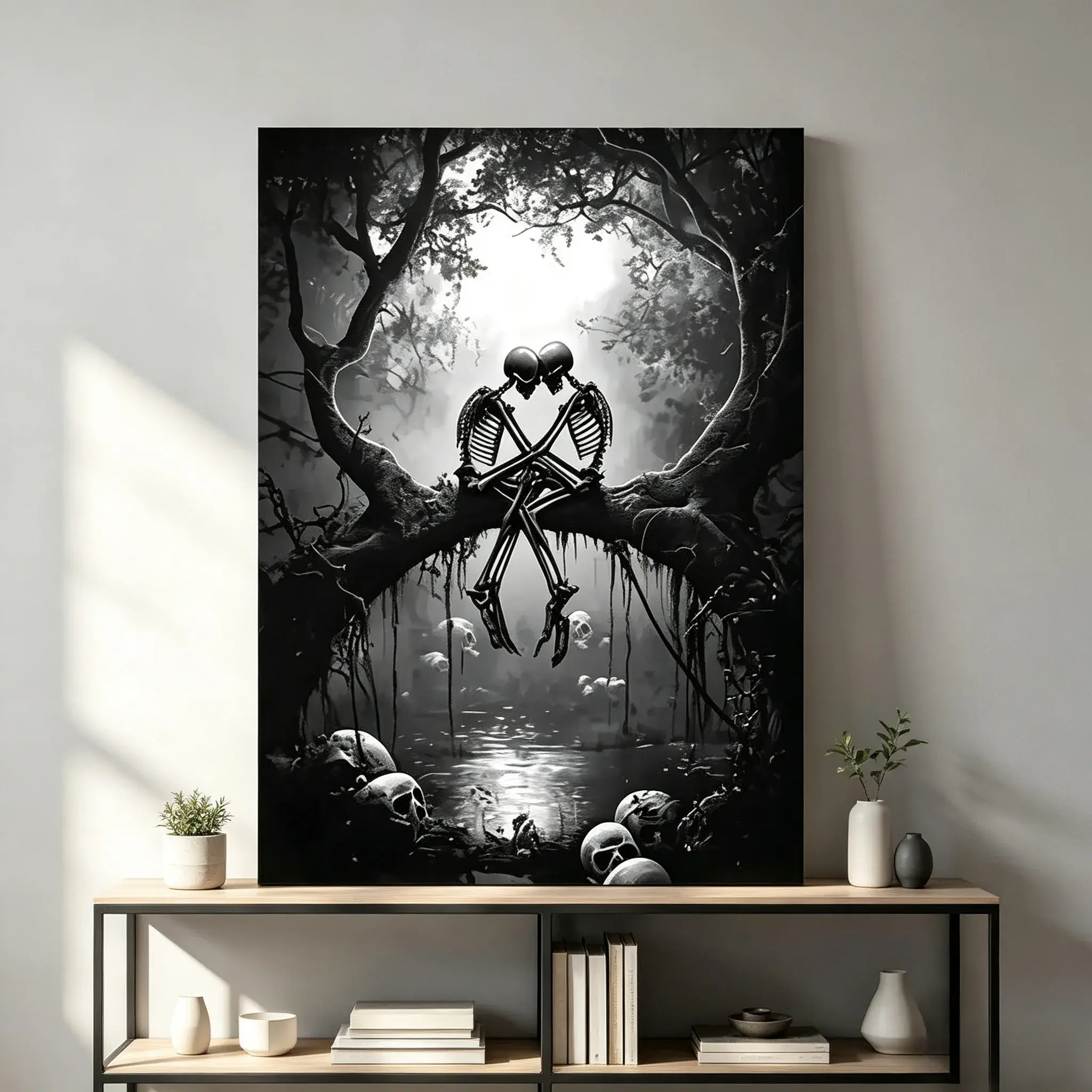 Skeleton Lovers 2D Flat Canvas Wall Art Print - Patterned Black White Gothic Painting with 2 Crossed Skeletons on Dark Twisted Tree Swamp Forest, Decorative Eternal Love Dark Fantasy Decor for Bedrooms, Gift for Gothic Enthusiasts