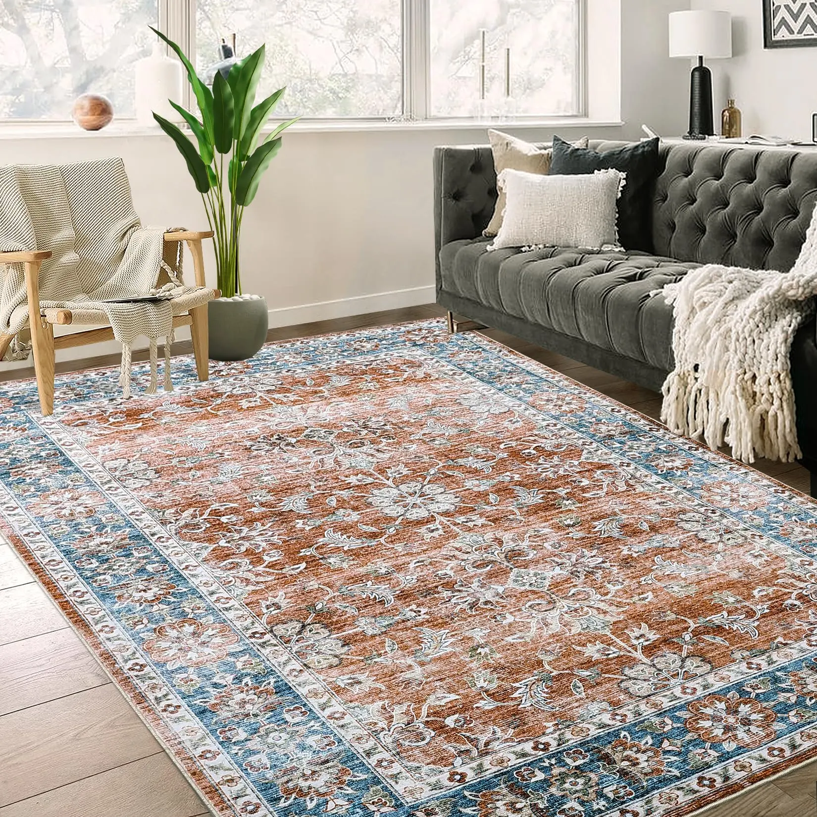 GARVEE - Large rug for living room, 8 x 10 feet, large rug for bedroom, distressed, non-slip, lint-free, oriental print, rug for dining room, kitchen,