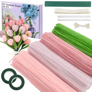 400 Piece Pipe Cleaner Craft Set, 4 Colors Bulk Pipe Cleaners, Chenille Stems for DIY Flower Making Kit, Includes Floral Wire, Gardening Tape, Petals, Ribbon
