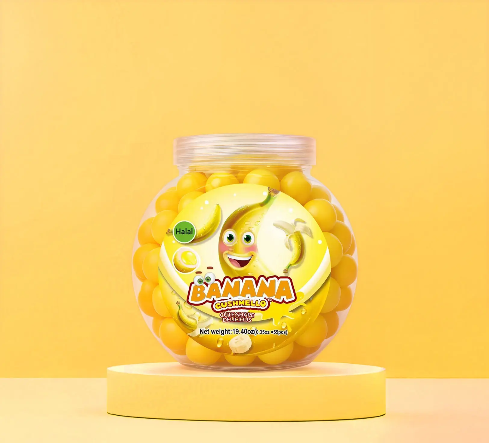 Zoomi Brands™ Gushmello Banana Jar - 19.4 oz Bovine Gelatin Base Soft Bite-Sized Fruit Gum Snack, Halal Certified Chewy Candy for Adults, 55 Pieces, 24 Months Shelf Life Everyday Cupboard Treat, Center-Filled