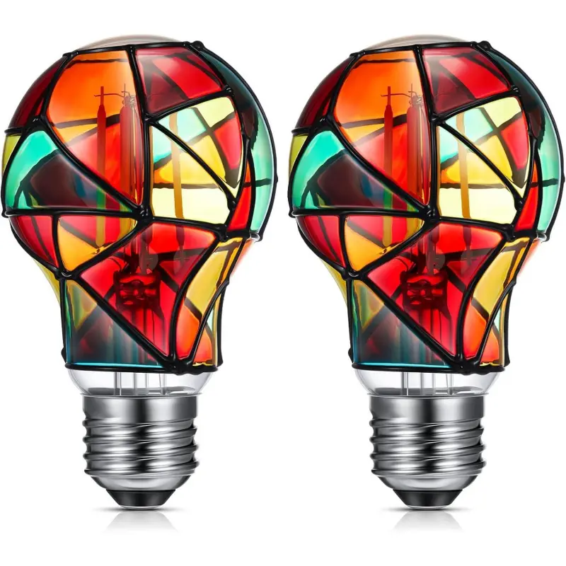 2 Pcs Stained Glass LED Light Bulb E26 Base Colorful Lightbulb 120V Flickering Lightbulb Bulbs for Christmas Xmas Home Balcony Party Decoration (A60)