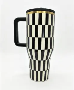 HydroJug 40oz Checkered Tumbler with Handle Leak-Proof Stainless Steel Insulated Travel Mug Keeps Drinks Cold 24H Portable Drinkware for On-The-Go Use - Flasks Drinkware Flasks Lid Portable Bottles Bottled,summervibes european water