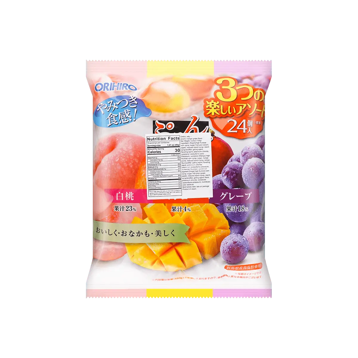 ORIHIRO Mixed Flavor Konjac Fruit Jelly - Peach, Mango & Purple Grape 24 Pieces* 0.7oz