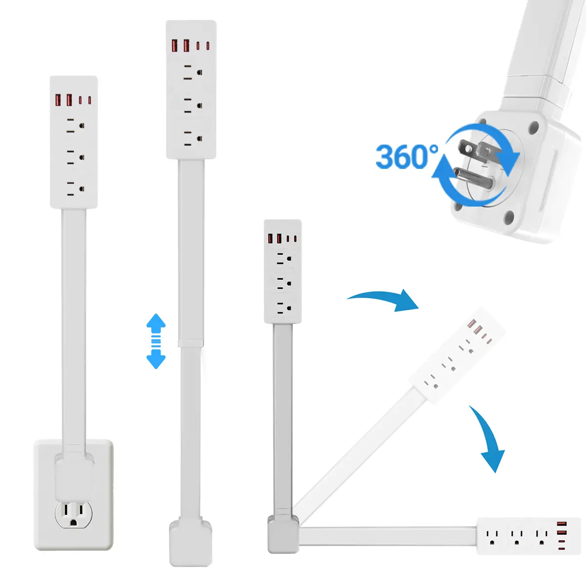 Outlet Extender Outlet electrical Mountable Multi Plug Wall Outlet, with 2 USB-A 2 USB-C & 3 AC, Extendable 22-34" Rotatable 180°, Surge Protector Power Strip,UL-certified power cord,ideal for behind furniture in home/office
