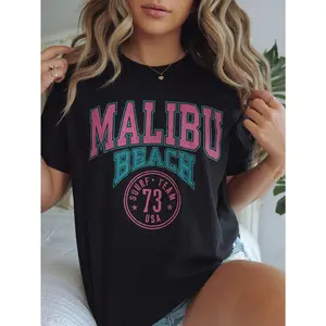 [100% Cotton] Women'S Malibu Beach Surf Team Graphic T-Shirt - 100% Cotton Loose Fit Short Sleeve, Pink & Teal Letter Print On Black, Round Neck Casual Top For All Seasons, Machine Washable, Allseason Apparel |   Medium Elasticity  T-Shirt For Men And Wom