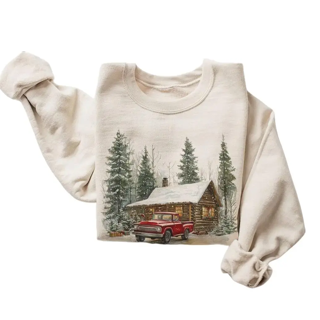 Women's Casual Cotton Garment Top - Retro Christmas Red Pickup Truck, 90s Mountain Pine Trees, Snowy Day Winter Cabin Ash Sweatshirt Pullover Piece