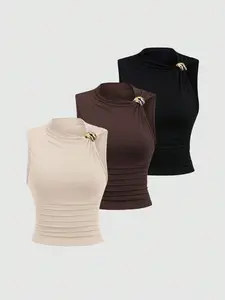 Women's Sleeveless Bodycon Top, Metal Buckle Shoulder Design, Small High Neck Fashion Versatile, Stylish Casual Wear, Casual Sleeveless Crop, Sleeveless Clothing