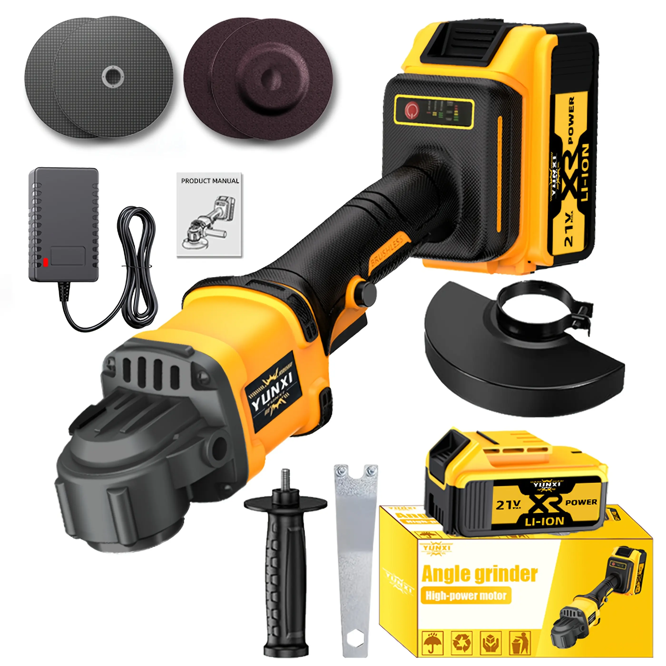 【DealsForYouDays】YUNXI 21V Brushless Cordless Angle Grinder Kit, 3 Variable Speed Max 11000RPM, 4.5 Inch Grinding Cut Off Wheels, 4.0AH Lithium Batteries & Fast Charger, Hard Storage Case, Multipurpose for Metal Cutting Rust Removal Polishing, Diy Project