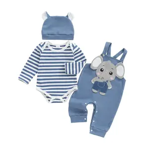 Calsunbaby Infant Newborn Baby Boys 3Pcs Outfit Cute Baby Clothes Long Sleeve Striped Romper Animal Embroidery Overalls Hat 0 18 Months Spring Fall
