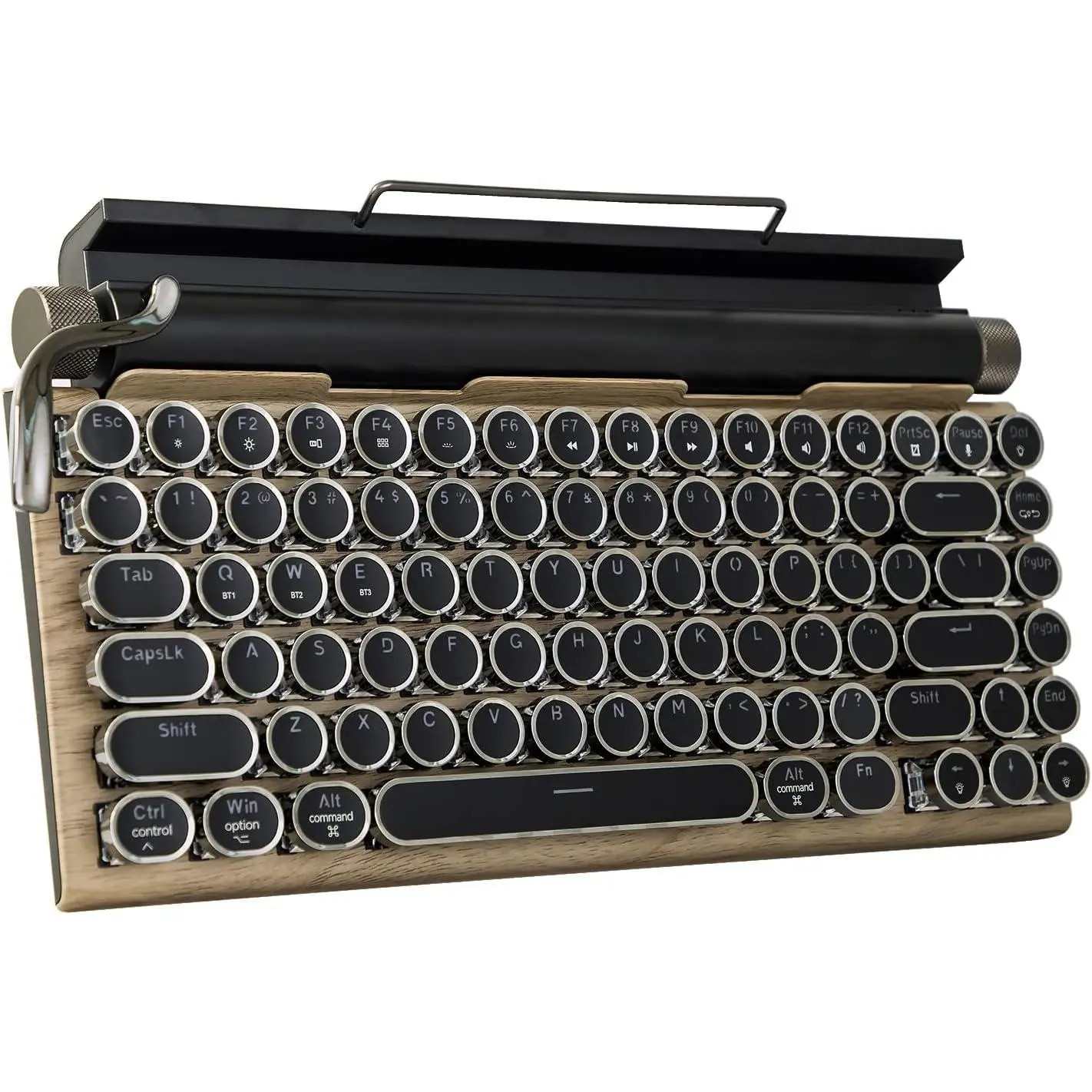 Portable Typewriter-Style Retro Mechanical Keyboard LED Backlight 83 Keys Bluetooth 5.0 Blue Axis Wood Color Panel Compatible with iOS/Android/Windows/Vista/Linux/Mac Office/Gaming, 12.8x6.6x1.6in