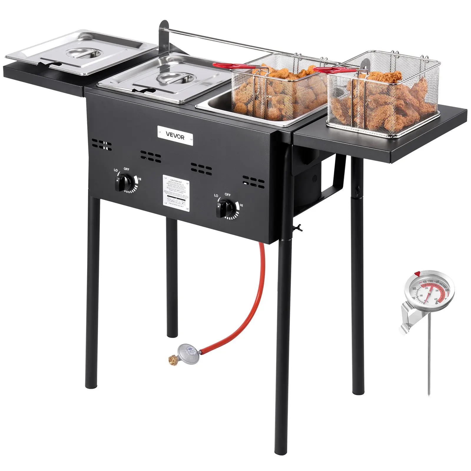 VEVOR Durable Outdoor Propane Deep Fryer, 2-Tank 16Qt/4Gal Commercial Stainless Steel Cooker with Foldable Table, Dual Baskets, Heat Adjustment & Cast Iron Components, Floor-Standing for Restaurant & Home Use