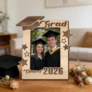 2026 Graduation Wooden Frame, Bachelor Hat Memorial Photo Frame, Creative Desktop Decoration, 2D Wood Frame, Holiday Gift Stand Decor