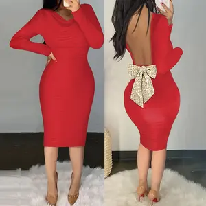 ChicMe Women's Cowl Neck Long Sleeve Ruched Bodycon Dress/Cierra Glitter Dress/Summer Dress Sparkly Sequin Bowknot Decor Backless Midi Club Cocktail Wedding Guest Dresses Wedding Evening Formal Evening Formal