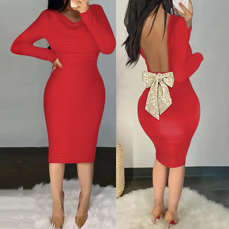 CHICME Women's Cowl Neck Long Sleeve Ruched Bodycon Dress/Cierra Glitter Dress/Summer Dress Sparkly Sequin Bowknot Decor Backless Midi Club Cocktail Wedding Guest Dresses Wedding Evening Formal Evening Formal