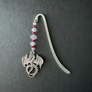 Dragon/wyvern metal hook bookmark (red beads)